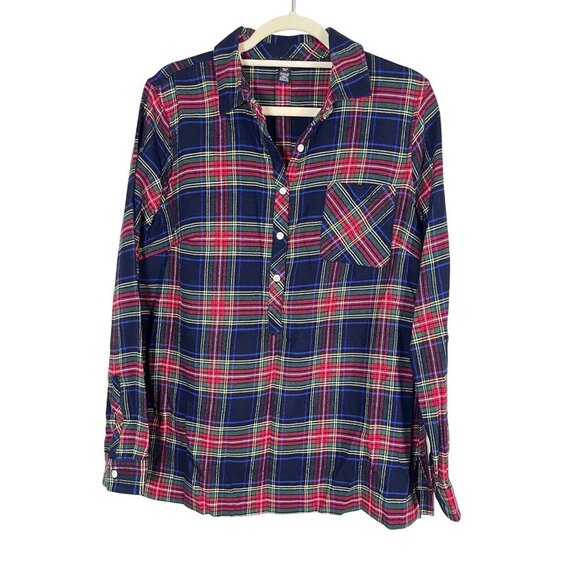 Lands End Plaid Flannel Shirt 12 Blue Preppy Check Old Money Festive Holiday 80s - Picture 1 of 10
